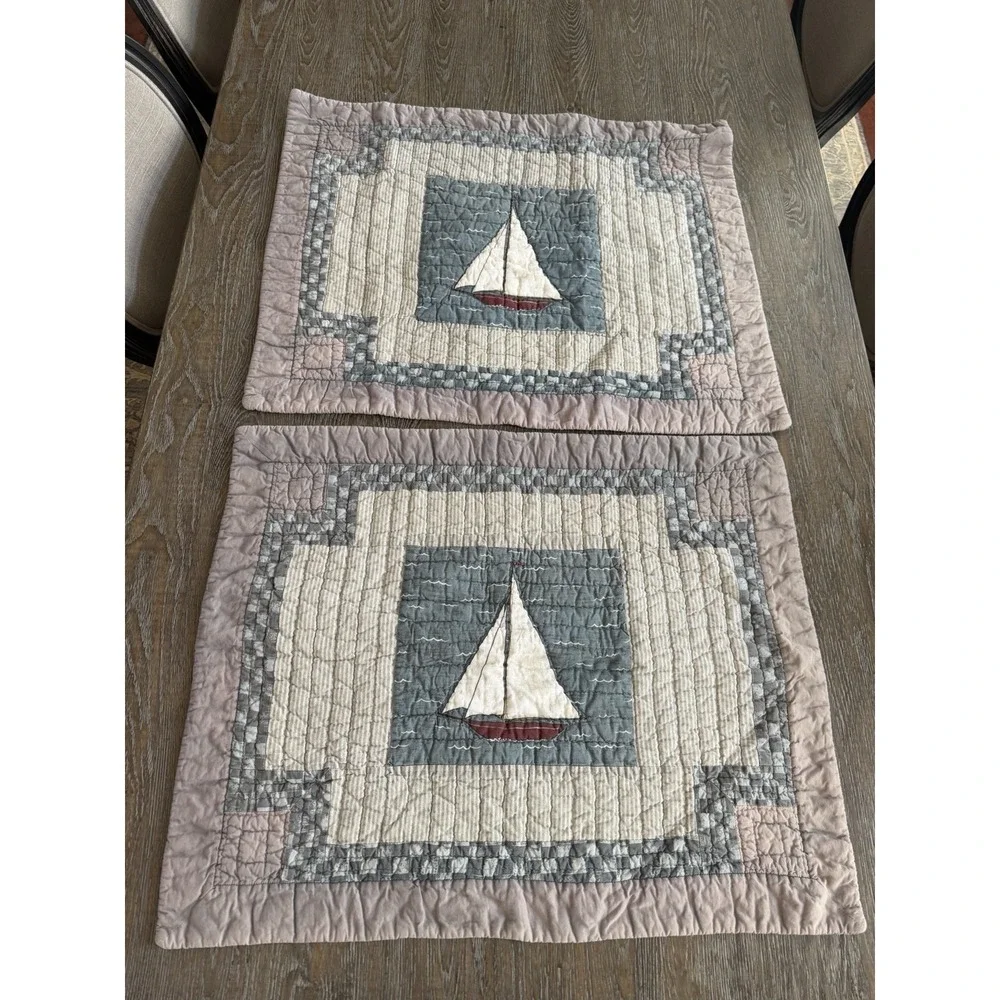 VTG Sailboat Quilted  Pillow Shams‎ 29X 23 EUC Cotton Nautical Coastal
